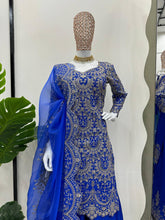 Stylish Blue Chinon Silk Sequence Work Palazzo Suit